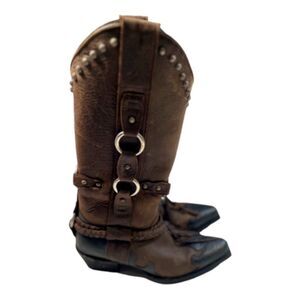 J.B. Dillon Distressed Leather Western Cowboy Boots Women 6.5B Brown Studded